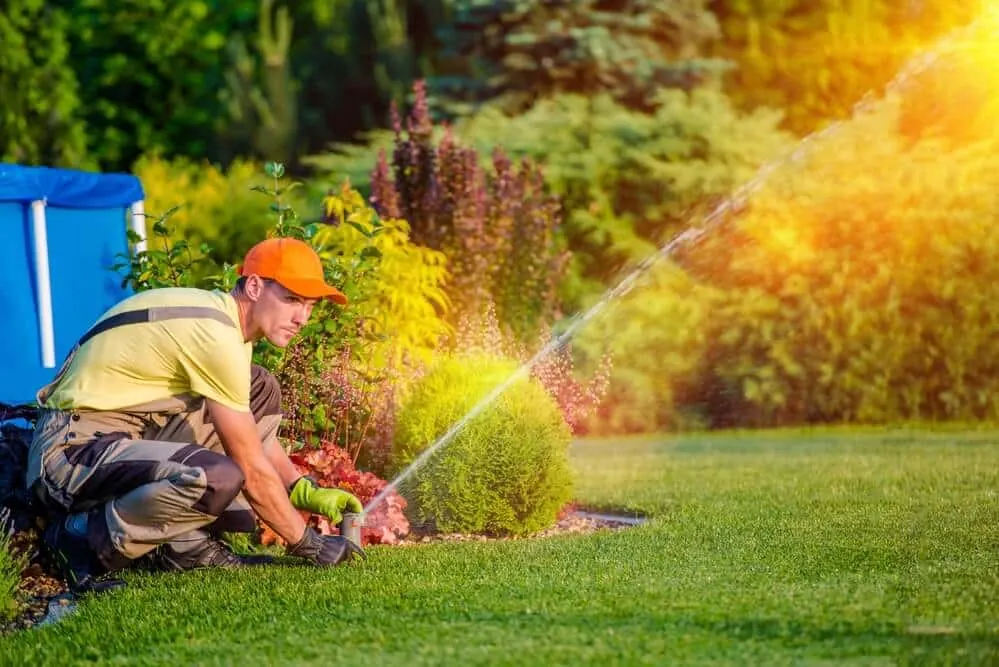 Worker adjusting a sprinkler in a sunny garden
