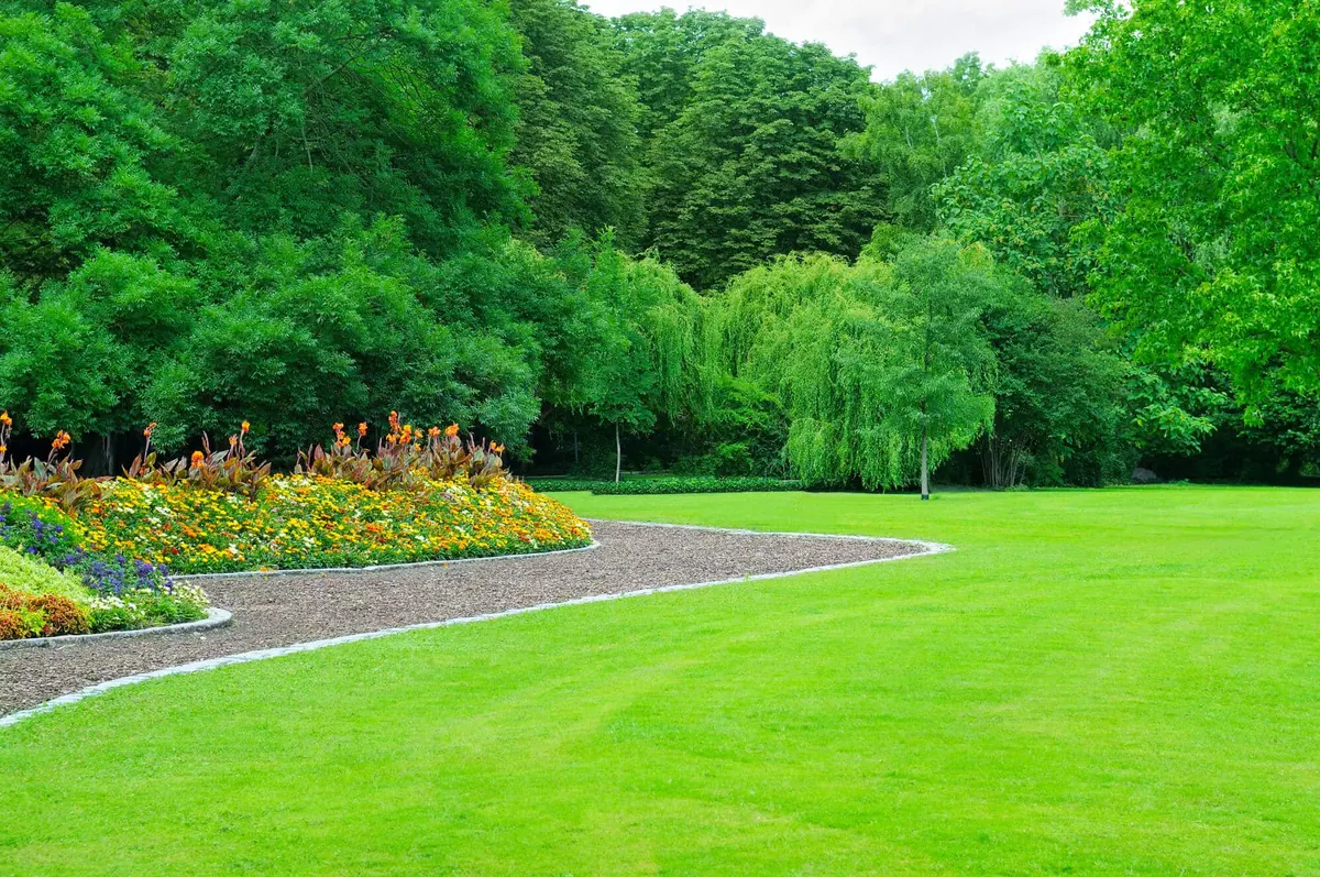 Wide park lawn with a winding path, flower beds, and a line of trees