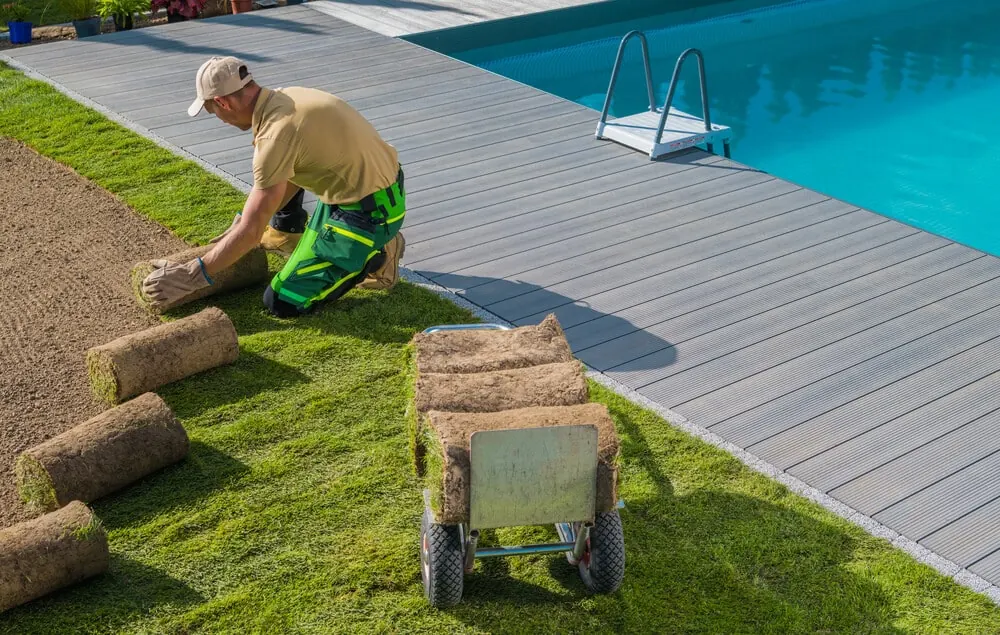 Laying sod beside a pool deck