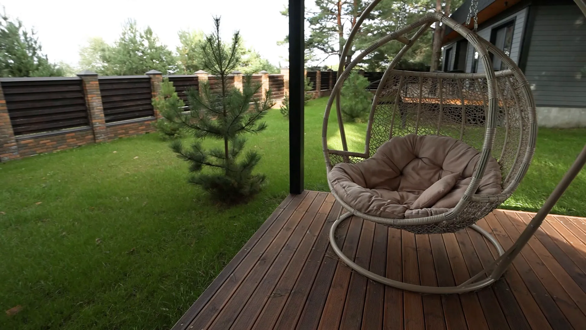 Hanging wicker egg chair on a covered wooden deck beside a lawn and young pine trees