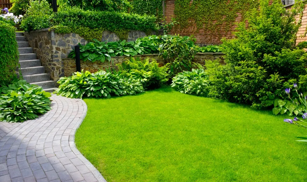 Curved paver path through a lawn bordered by shrubs and flowers