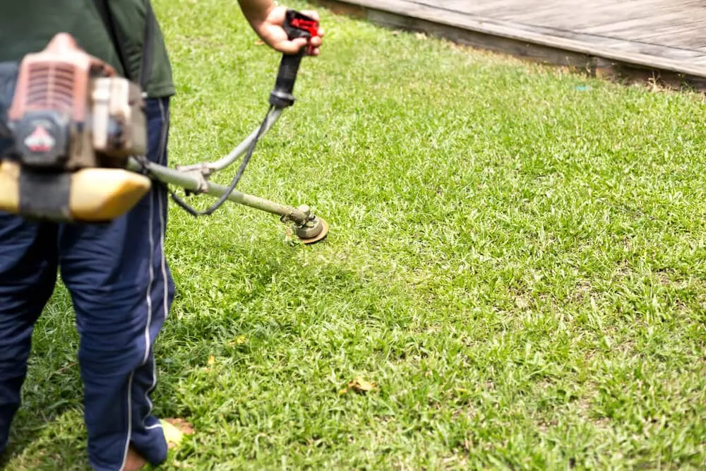 Worker running a string trimmer across a green lawn